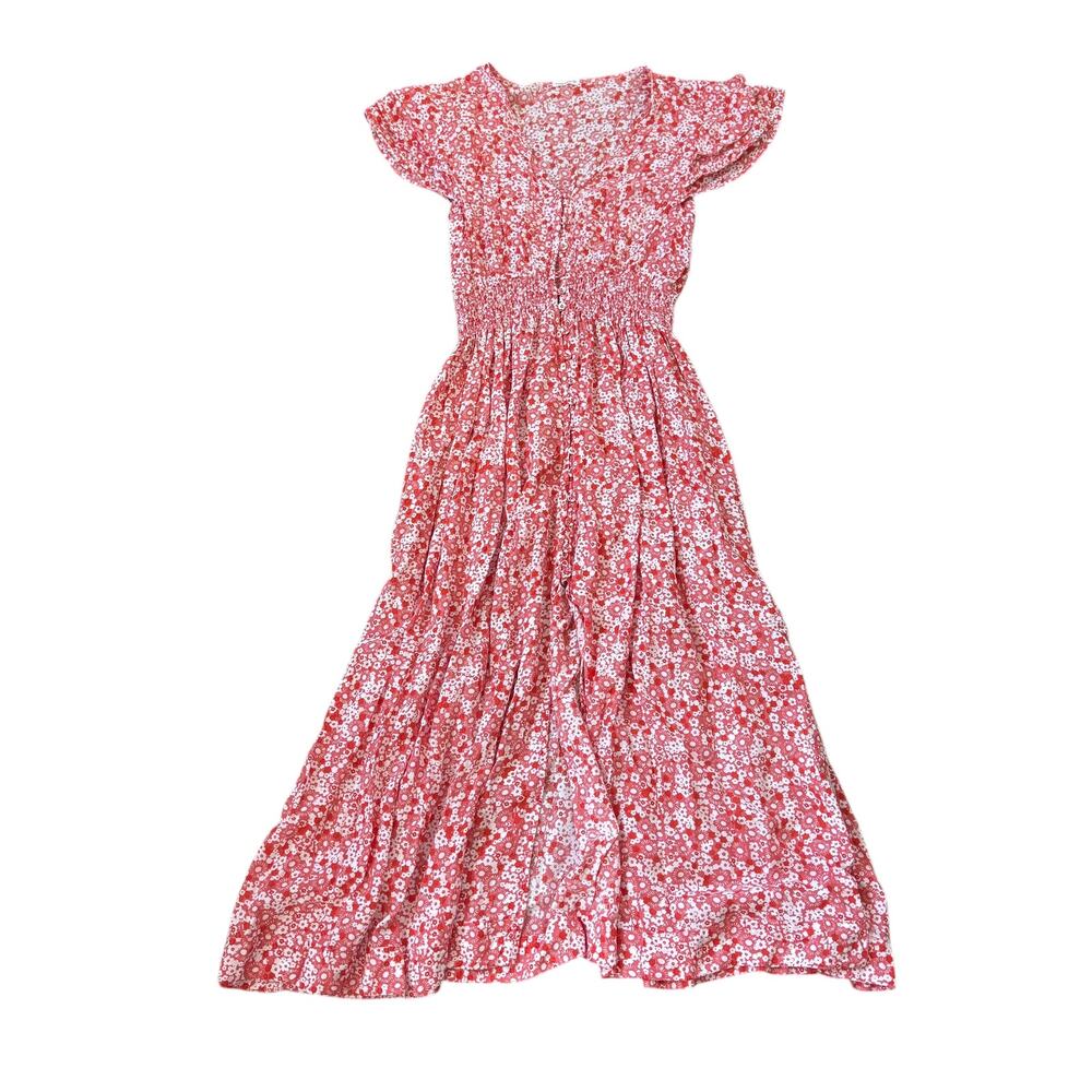 Poupette St Barth Button Front Midi Dress Red White Floral